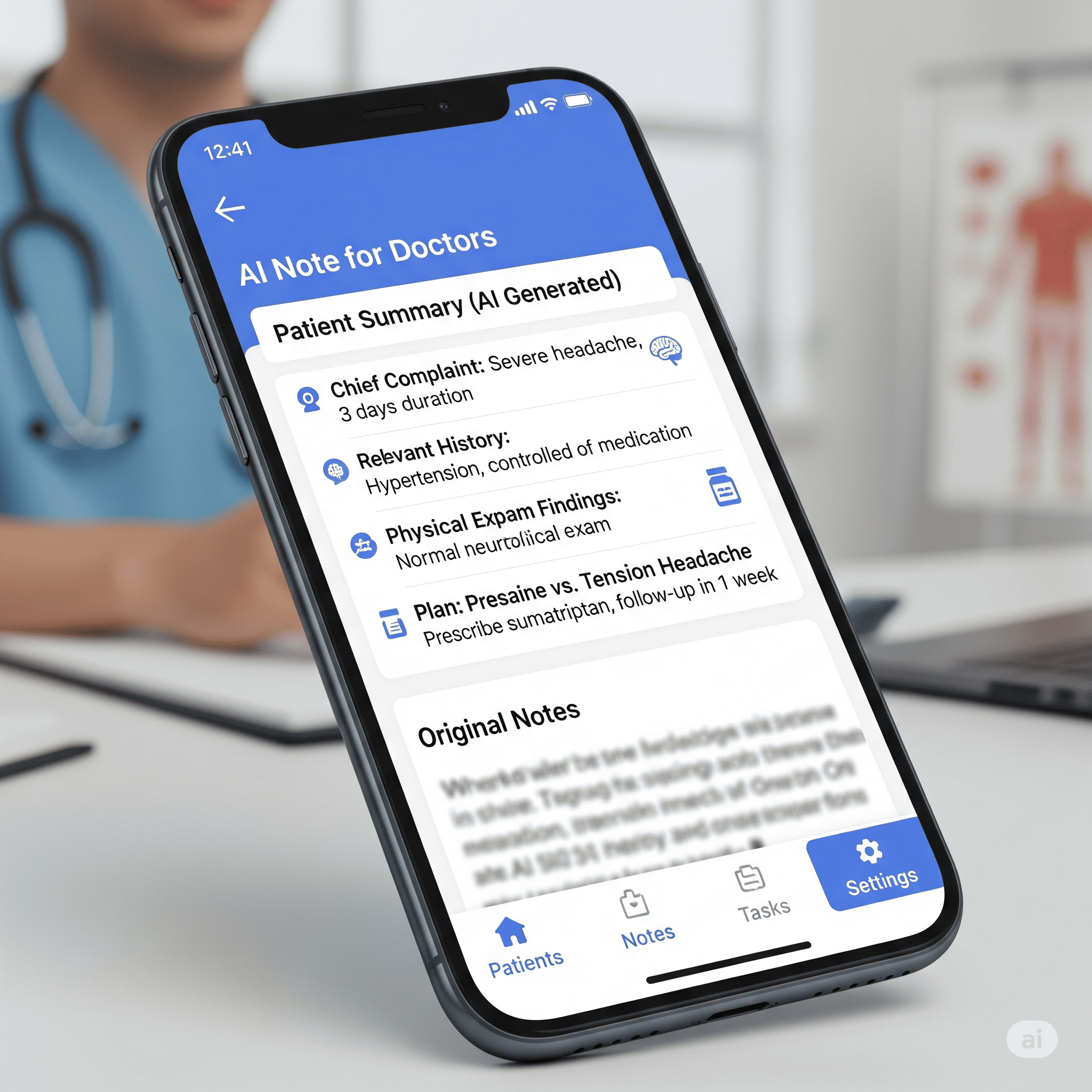 AI Note for Doctors App Interface